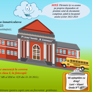 Înscrierea copiilor în clasa I în anul de studii 2022-2023